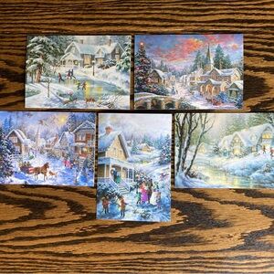 Lot of 5 Nicky Boehme Art Winter Town Cottage Unused Christmas Cards Envelopes